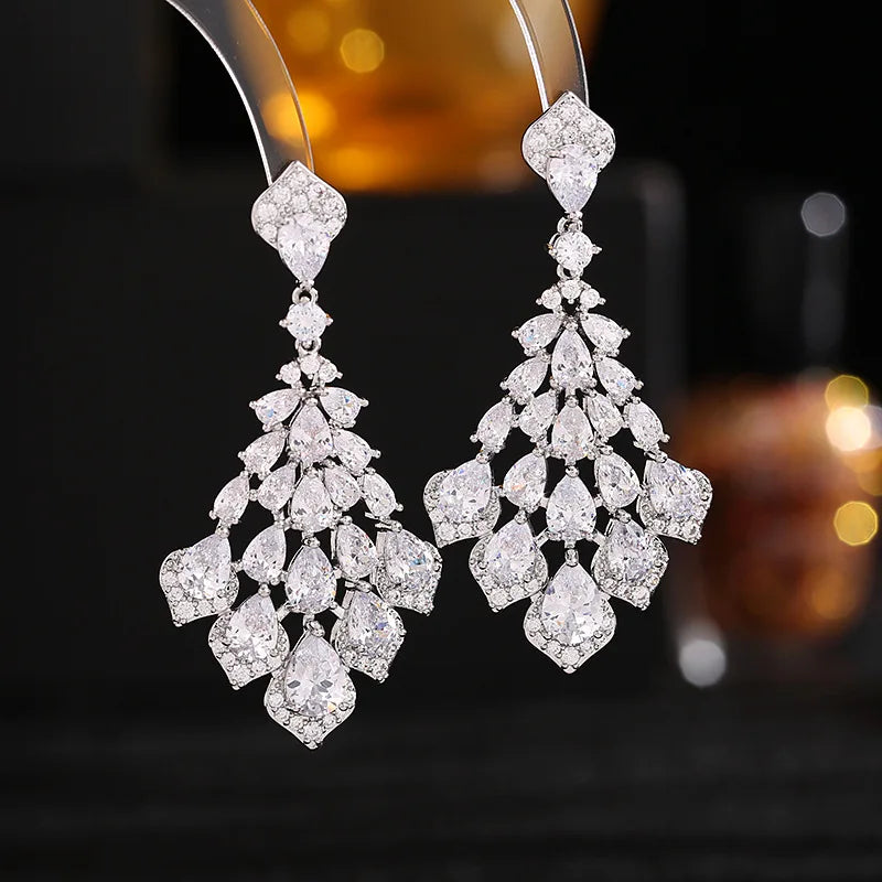Shiny Cubic Zirconia Inlaid Earrings Waterdrop Petals Heavyweight Dress With Earrings