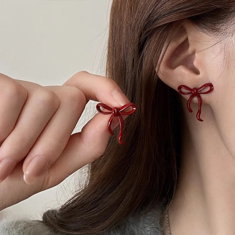 Ankela Red Ribbon Bow-knot Vintage Stud Earrings For Women Korean Fashion INS Autumn Winter Simple Bow Geometric Earring