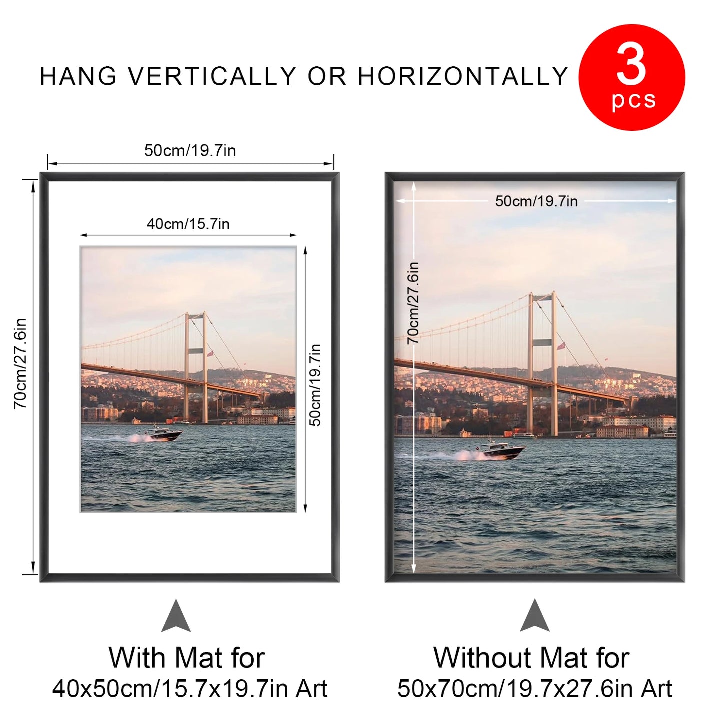 3pcs 30x40 50x70cm Picture Frames Aluminum Modern Photo Frame Black With Mat For Wall Art Mounting Canvas Print Home Decor