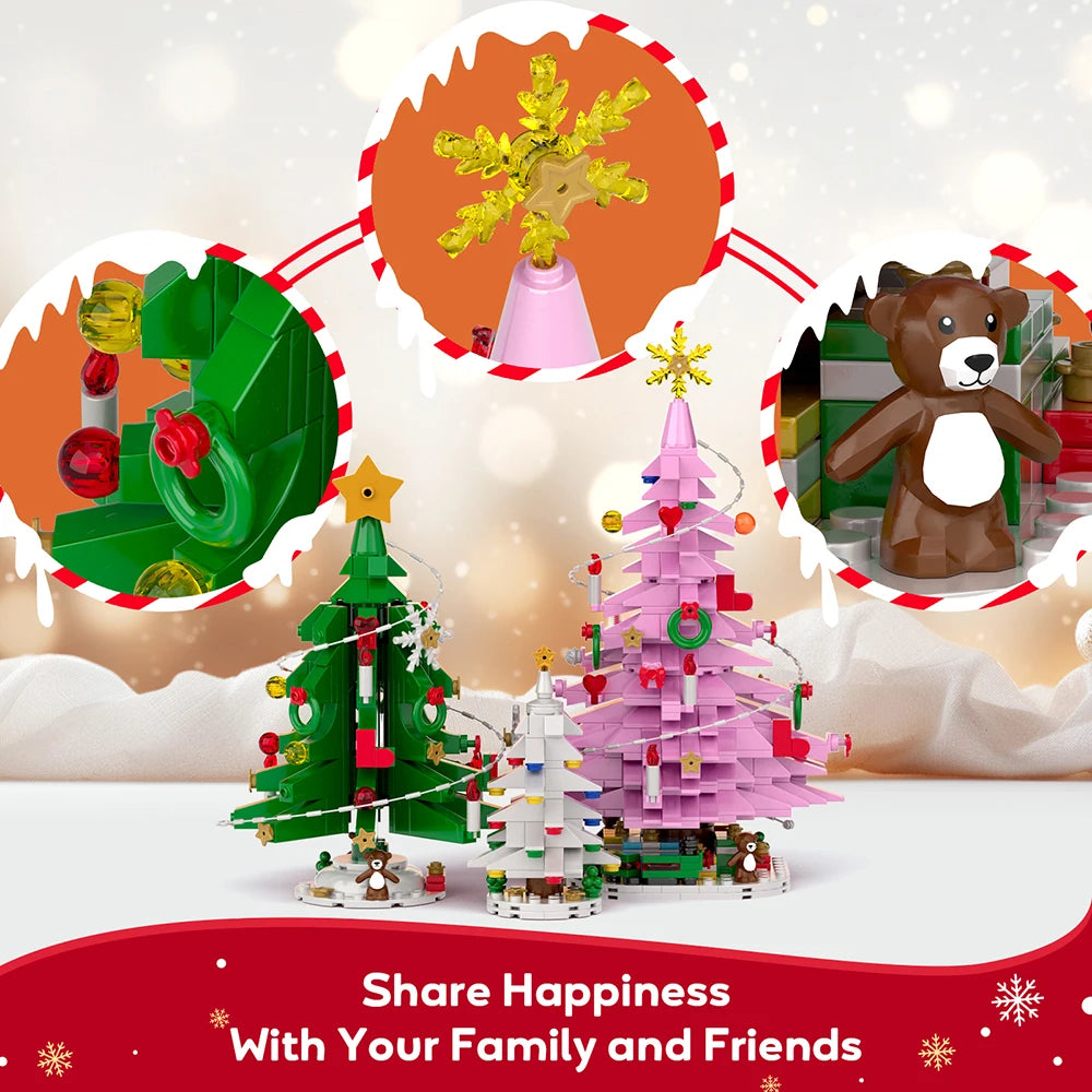 Three Christmas Trees with Led Strips Building Blocks Kit 743 PCS DIY Home Decor Assembly Toy Holiday Gift for Kids New Year Set