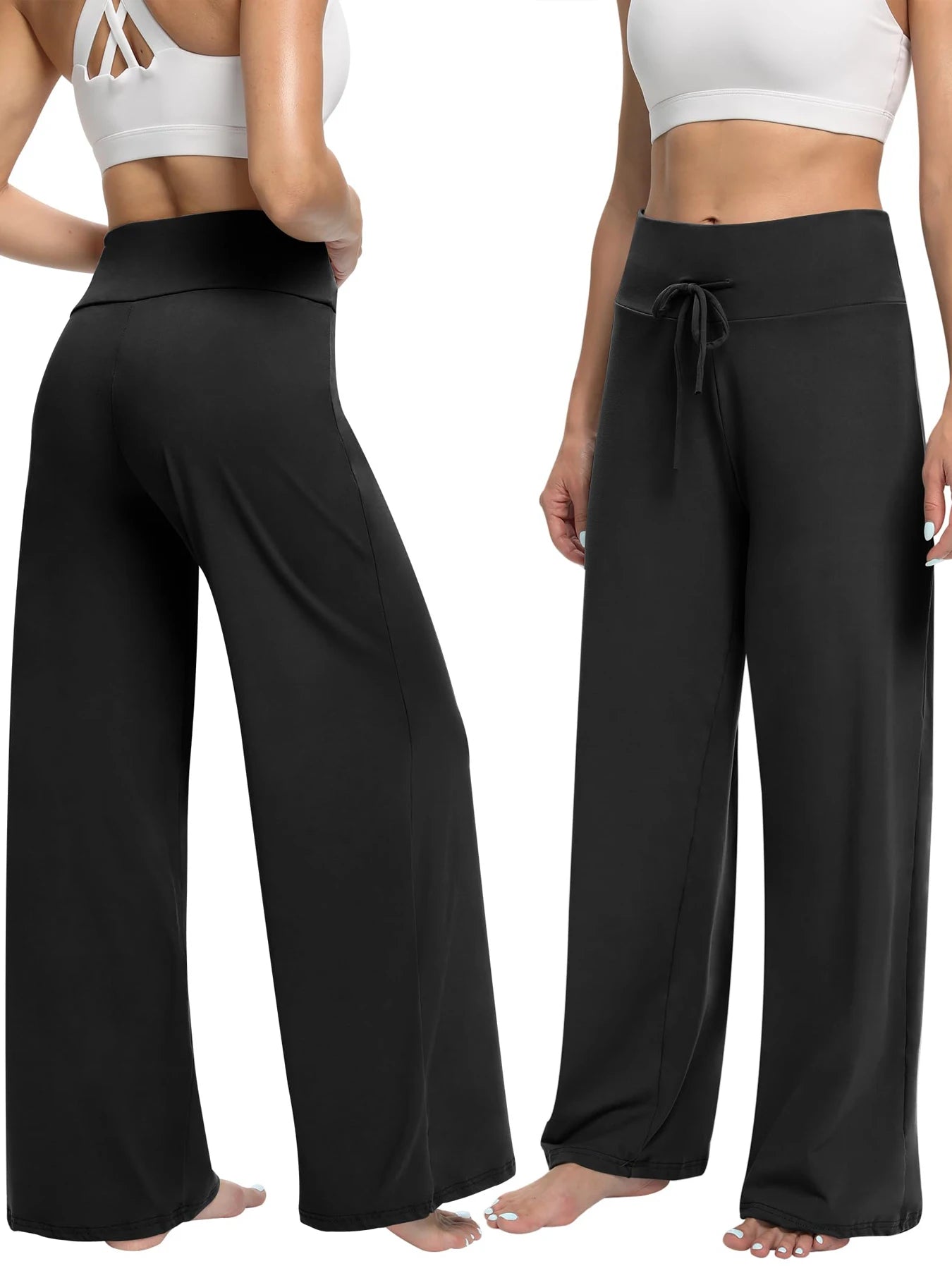 Soft Black Pajama Pants for Women, Wide Leg Comfy Casual Lounge Yoga Capri Pants 30''