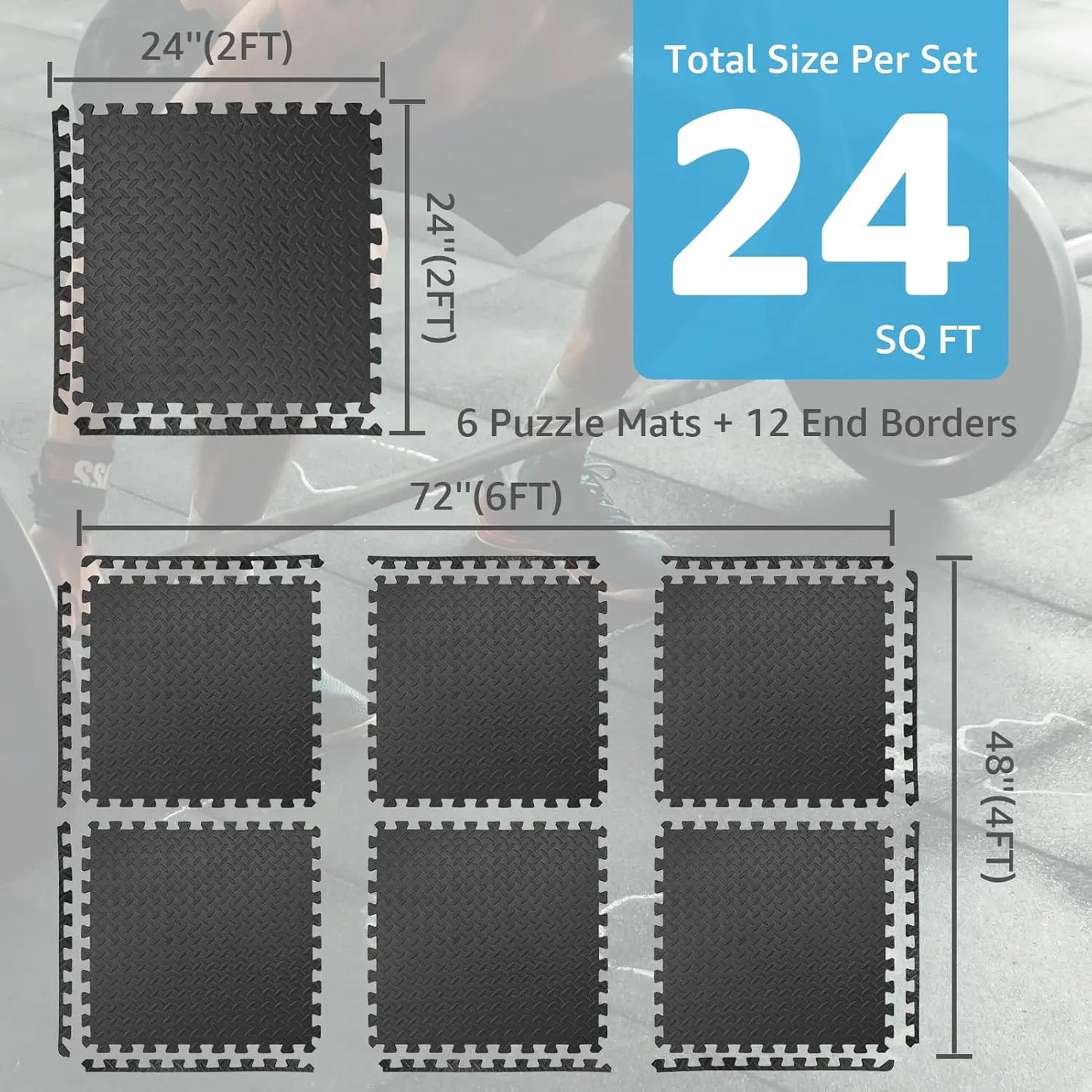 EVA Foam Interlocking Puzzle Exercise Mats, 24x24 Inch, 0.5 Inch Thick, Pack of 6 for Gym Flooring and Workouts