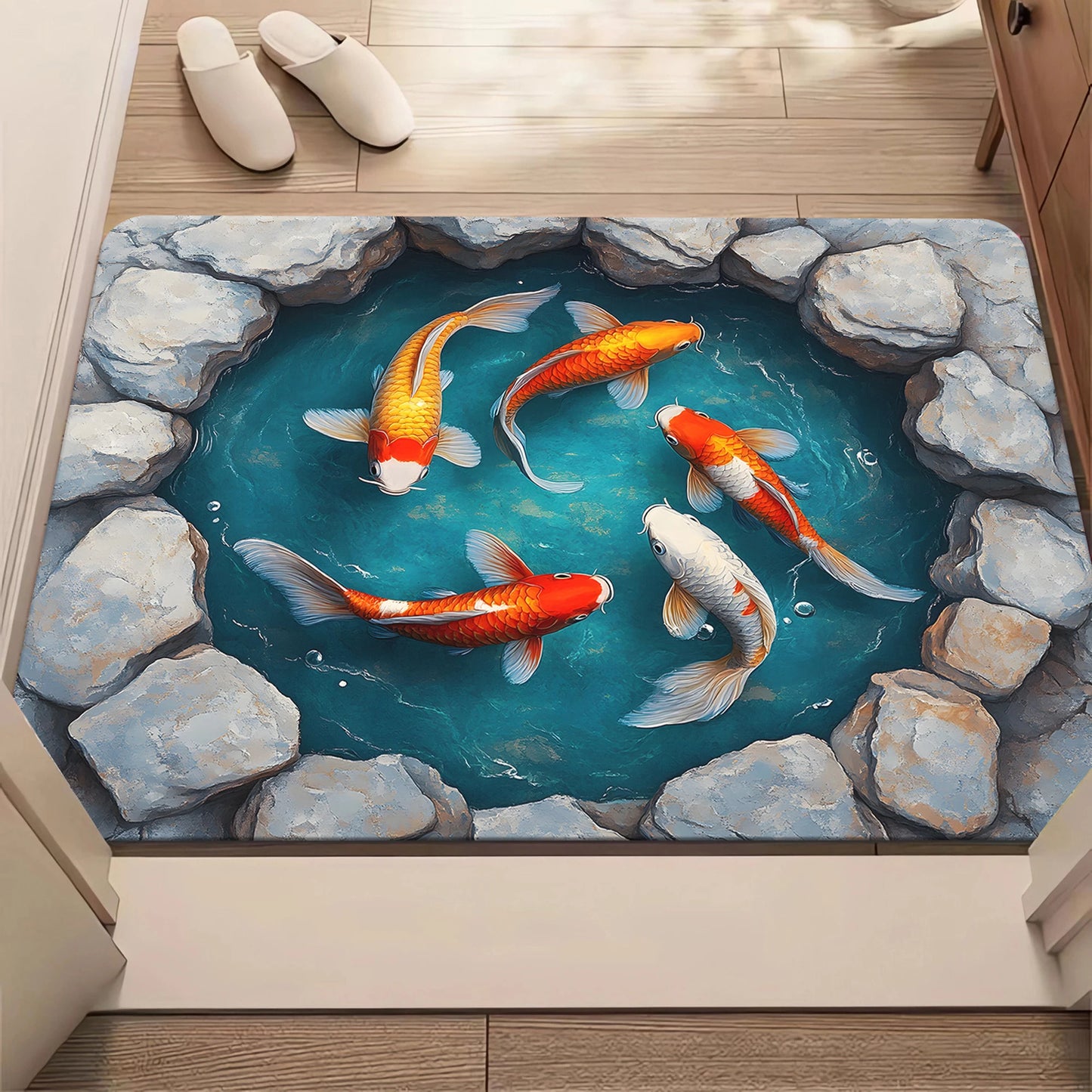 Luxurious 3D Effect Koi Fish Design Bath Mat with High Absorbency and Non-Slip Backing Ideal for Home Bathroom