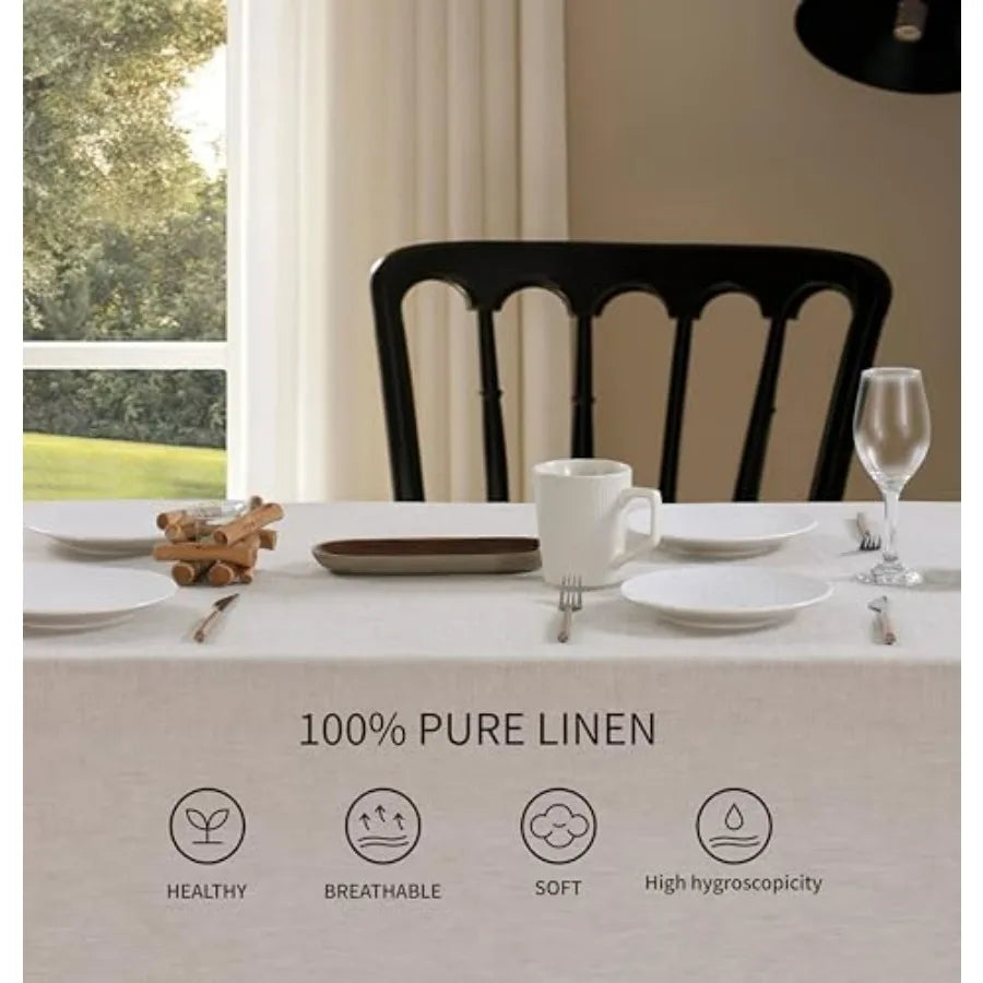 100% French Flax Linen Tablecloths Scalloped Embroidery Rectangle 84Lx60W Inch for Dinners, Parties, Spring, Easter, Machine Was