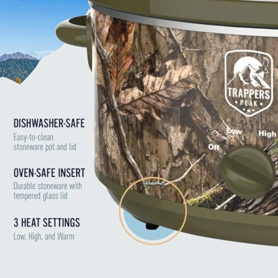 7 Quart Oval Slow Cooker Pot with Heat Settings for Kitchen Appliances Counter Top Use and Cooking Camo Green