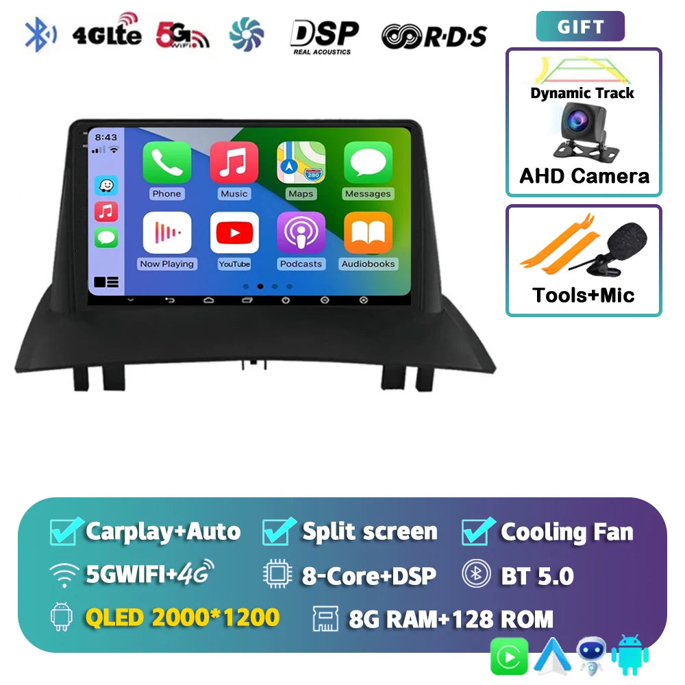 Android 15 For Renault Megane 2 2002-2009 2K QLED Android Car Radio Multimedia Video Player GPS Stereo CarPlay 4G Navigationv BT