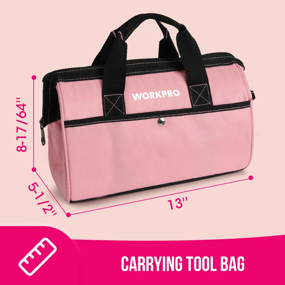 WORKPRO 53-Piece Pink Tool set with Electric Cordless Screwdriver, Basic Tool Kit Set for Women with 13'' Portable Tool Bag