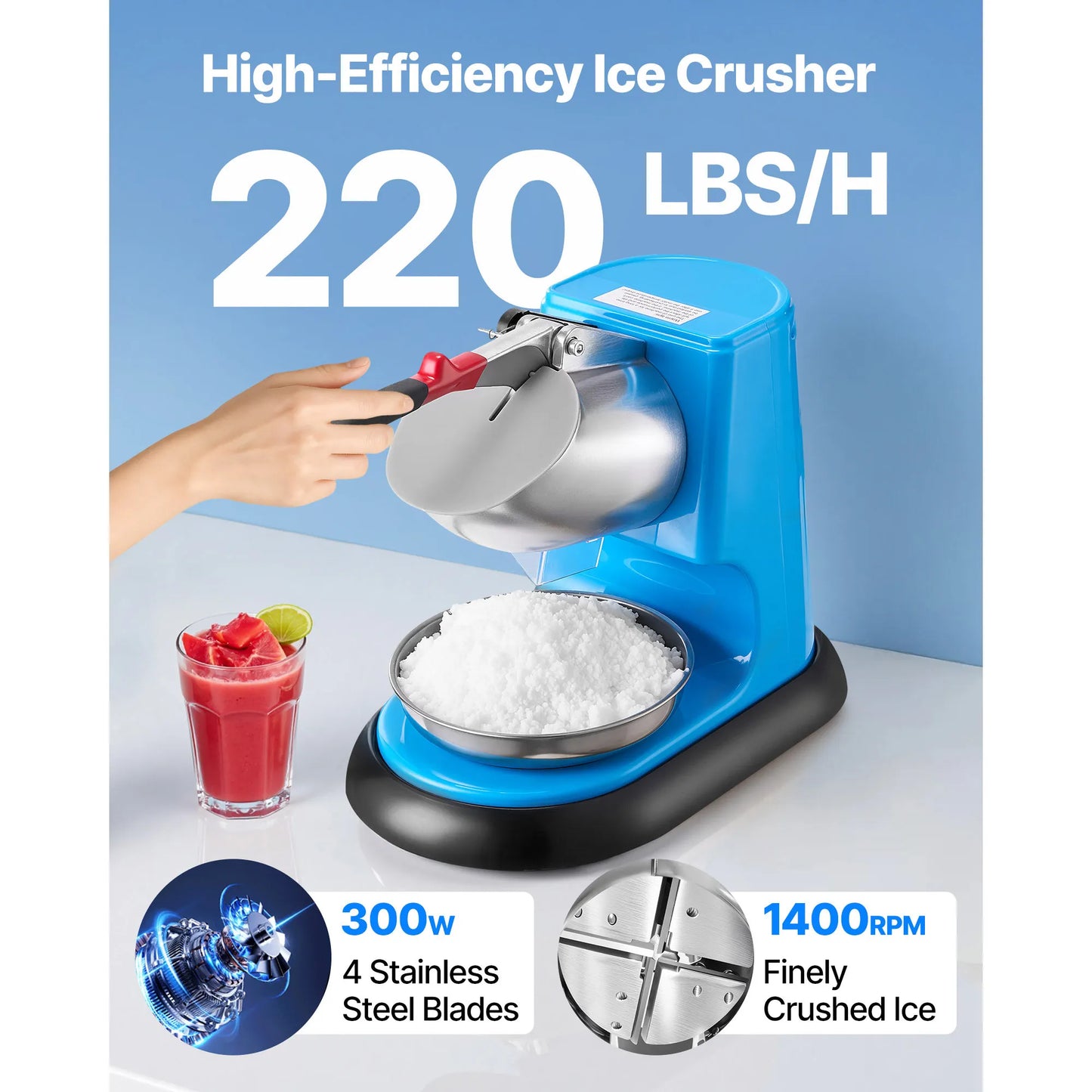 SucceBuy Ice Crusher Machine 220lb Per Hour Electric 4 Blades Snow Cone Maker Stainless Steel Shaved Ice Machine with Bowl Cover