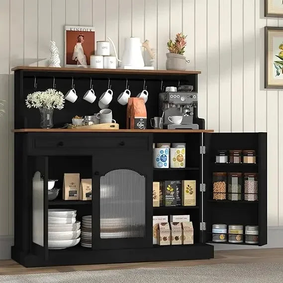48” Coffee Bar Cabinet with Glass Doors, Wood Kitchen Pantry Cabinet with Glass Doors, Green Microwave Cabinet，Kitchen Cabinets