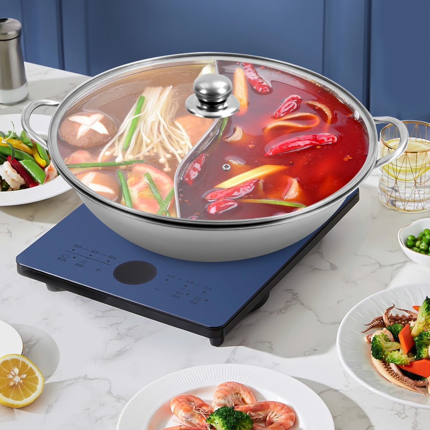 Hign-concerned Shabu Shabu Pot With Divider Glass Lid Stainless Steel