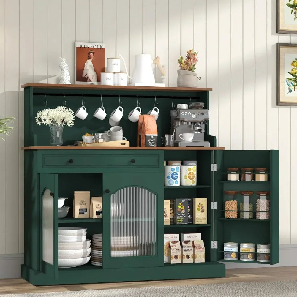 48” Coffee Bar Cabinet with Glass Doors, Wood Kitchen Pantry Cabinet with Glass Doors, Green Microwave Cabinet，Kitchen Cabinets