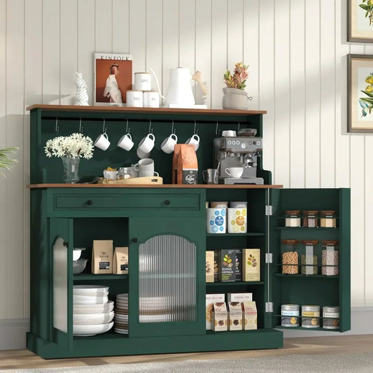 48” Coffee Bar Cabinet with Glass Doors, Wood Kitchen Pantry Cabinet with Glass Doors, Green Microwave Cabinet，Kitchen Cabinets