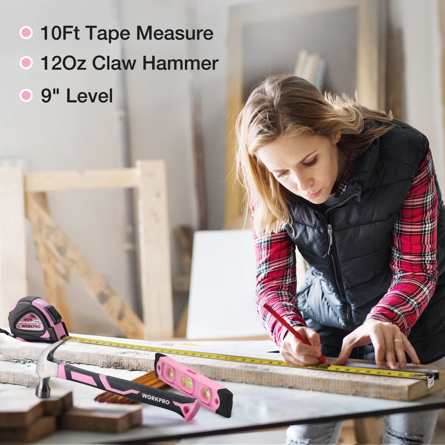WORKPRO Pink Tool Kit - 236 Pieces Pink Tool Set with Easy Carrying Round Pouch, Household Tool Kit Perfect for DIY, Home Mainte