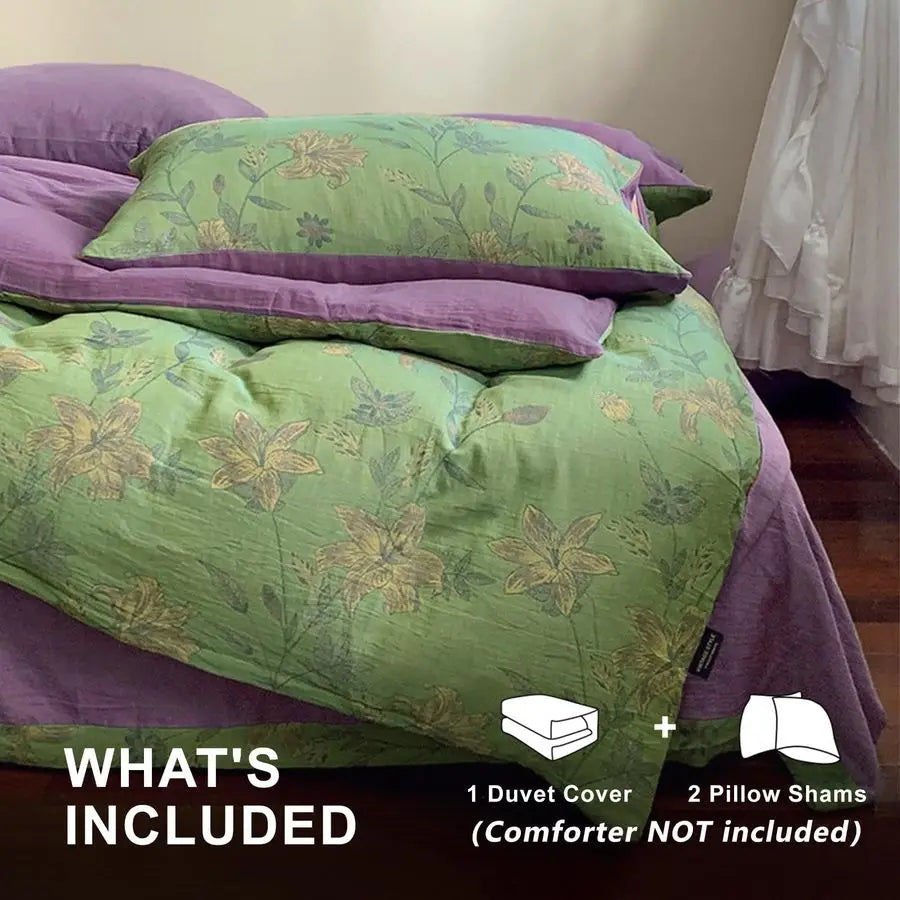 Linen Cotton Jacquard Duvet Cover Queen,3 Pcs YarnDyed Textured Duvet Cover Set Green Purple Floral Bedding Breathable, Natural