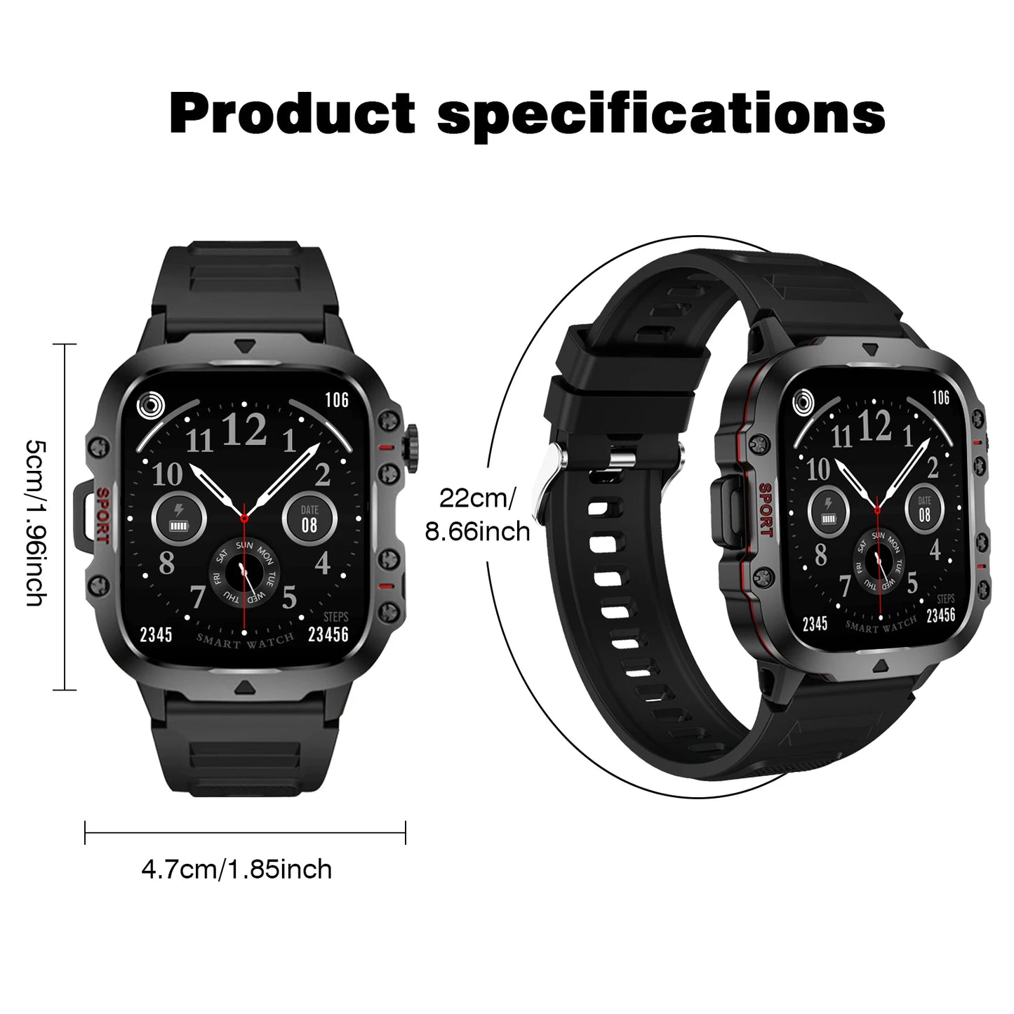 Smart Watch with Flashlight, Bluetooth Calling, Message Reminder, Stainless Steel Strap, Compatible with IPhone/Android
