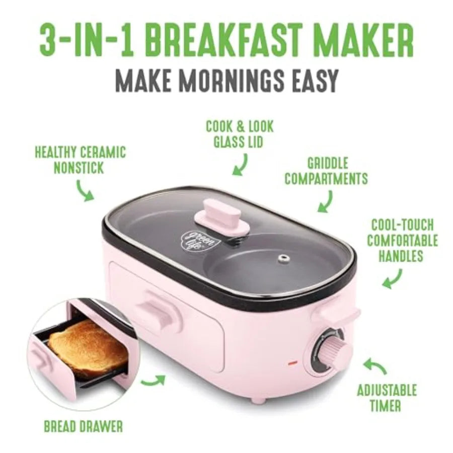 3-in-1 Breakfast Maker Station Healthy Ceramic Nonstick Dual Griddles for Eggs Meat Sausage Bacon Pancakes and Breakfast Sandwi