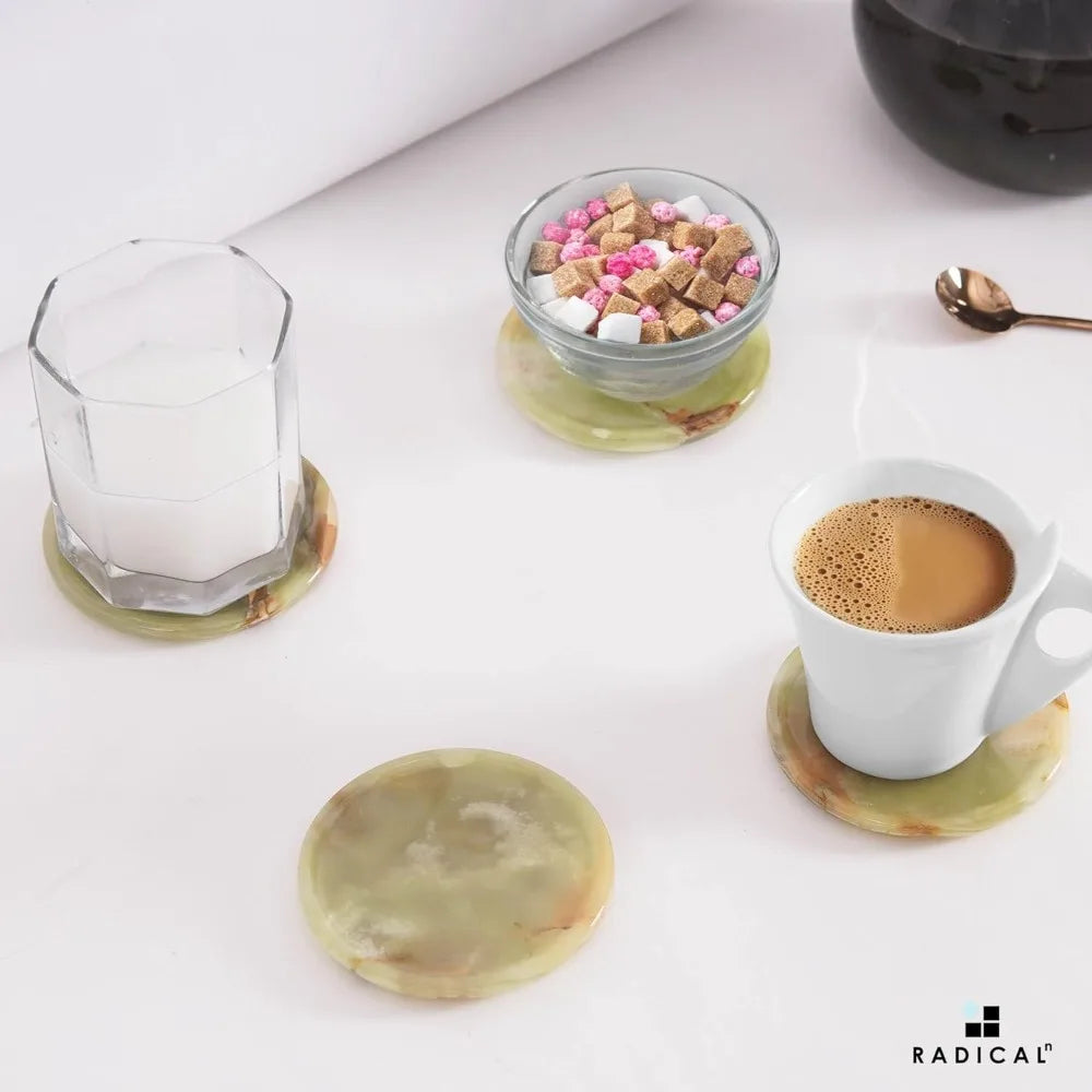 Green Onyx Marble Coasters Set of 6 with Holder, 3.5 Inch Round Drink Coasters for Table Decor