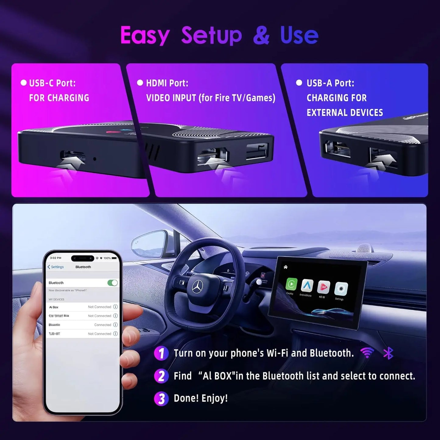 2025 Upgraded 3-in-1 HDMI Car TV, Wireless CarPlay & Android Auto Adapter, Plug & Play for 2016+ Vehicles