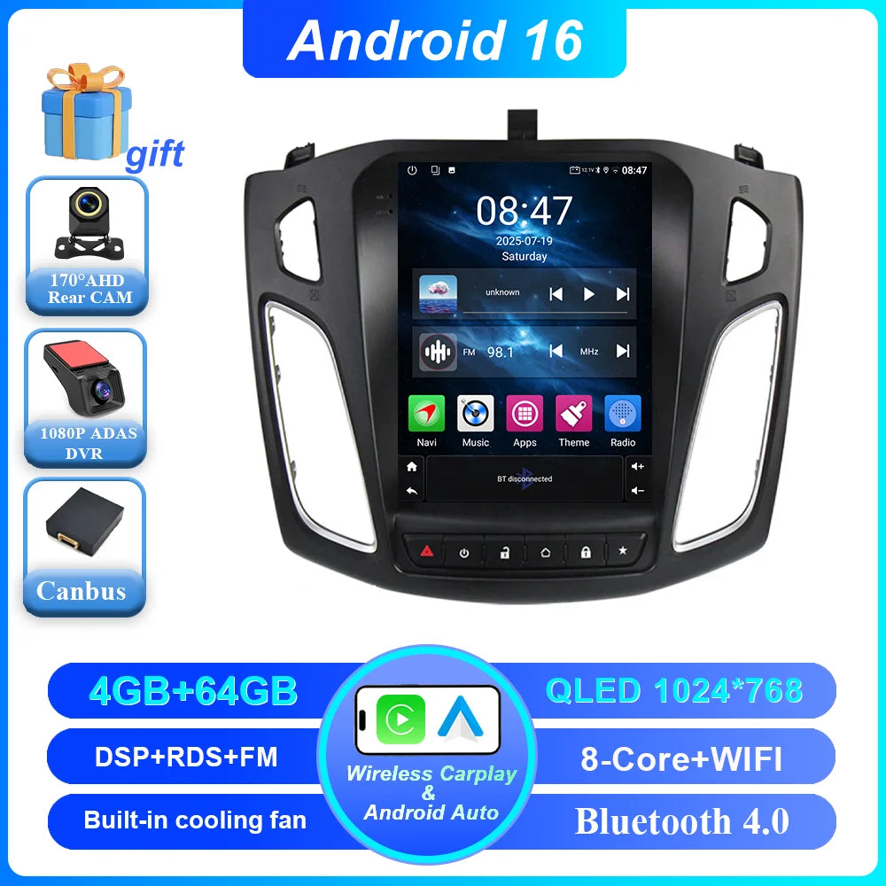 Android 16 Car Radio Stereo For Ford Focus 3 Mk 3 2011 2012 - 2019 Auto GPS Multimedia Player 2Din Wireless Carplay 4G WiFi BT