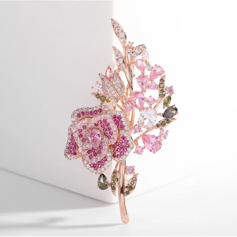 Lady Wedding Pink Branch Flower Brooch Fashion Crystal  Brooch Pin Clothing Accessories Jewelry
