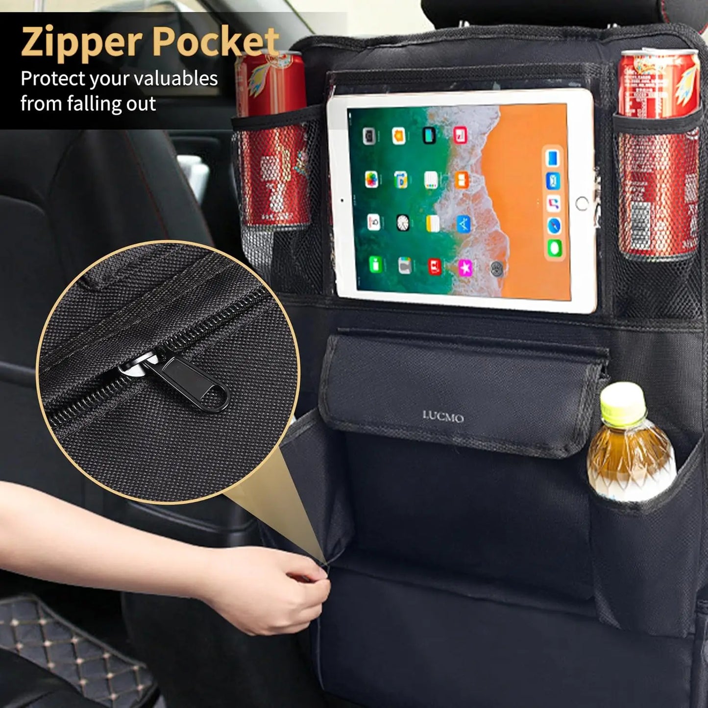 Car Backseat Organizer with Touch Screen Tablet Holder, 9 Storage Pockets for Kids Travel Accessories - Black