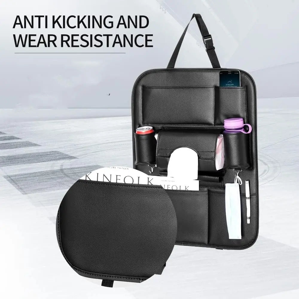 2 Pack Premium PU Leather Car Seat Back Organizer with Cup Holder and Kick Mats, Universal Fit for Travel Accessories
