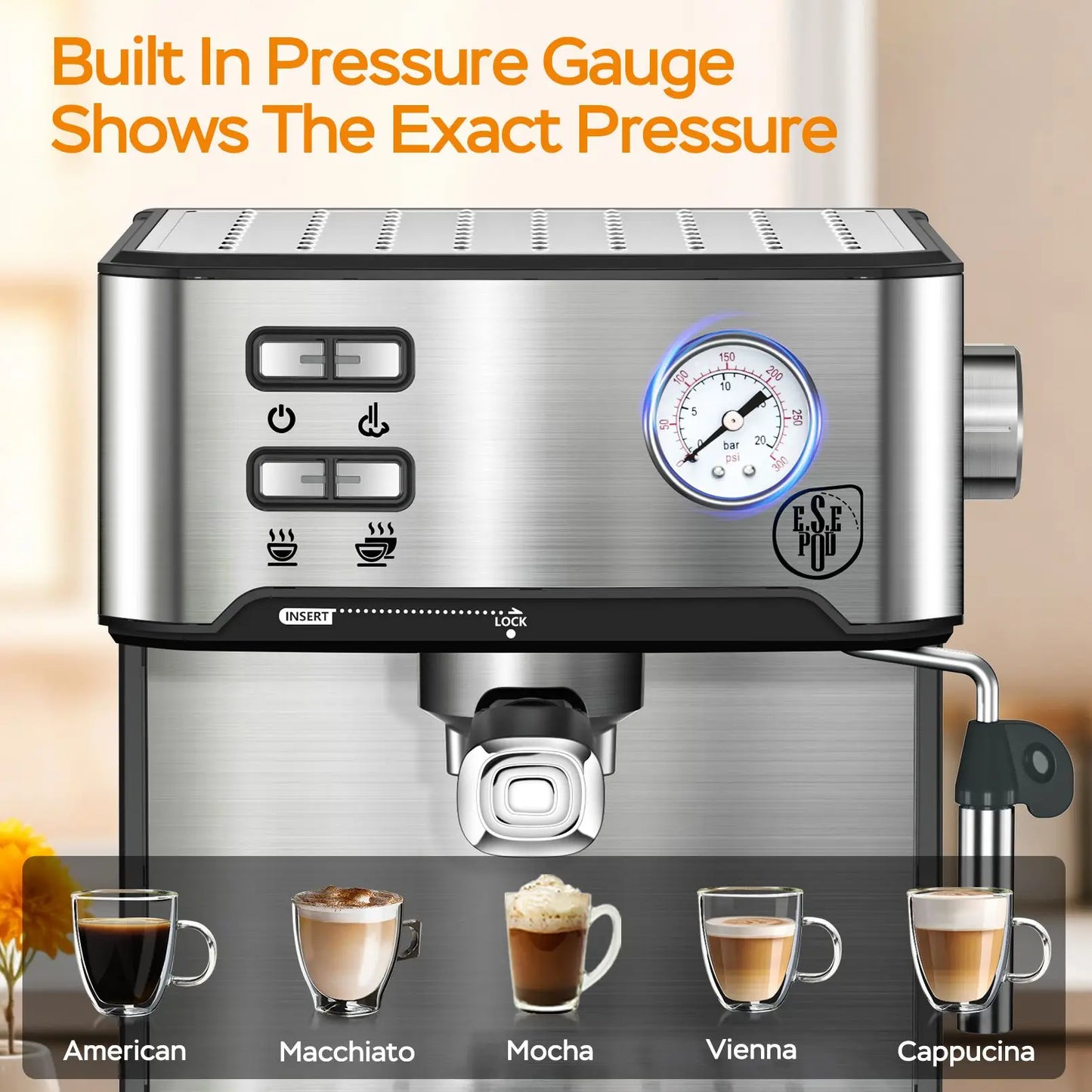 20Bar Household Espresso Machine Semi Auto Coffee Maker with Milk Frother Steam Wand Pressure Gauge 54oz Water Tank Coffee Maker