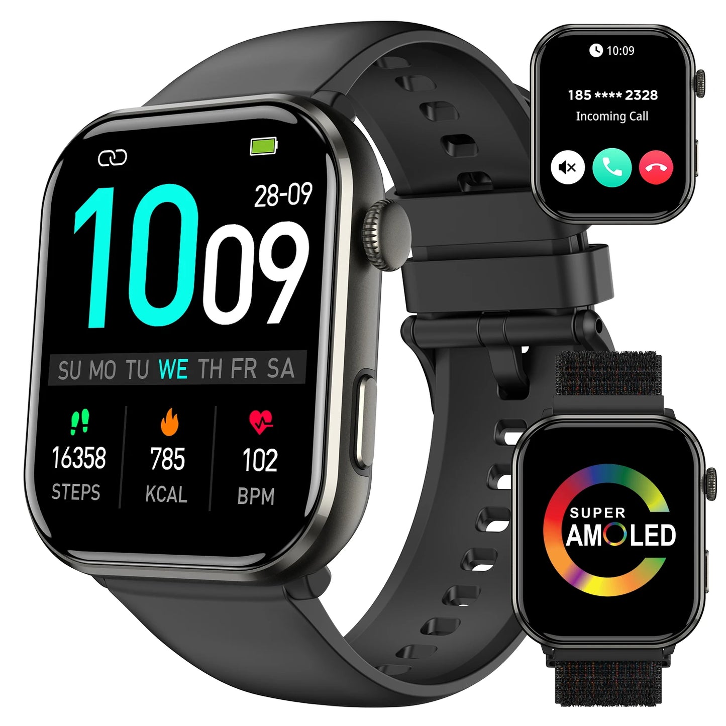 SOPZTENI R60 Smartwatch 1.96'' AMOLED HD Screen Bluetooth Call Watch for Men Women Blood Oxygen Health Monitoring Fitness Watch