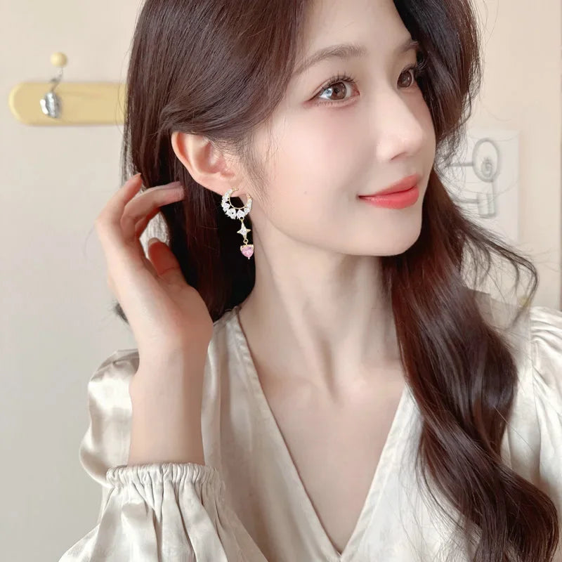 sweet moon earrings women girls asymmetric AB small heart drop white pink jewelry daily wear