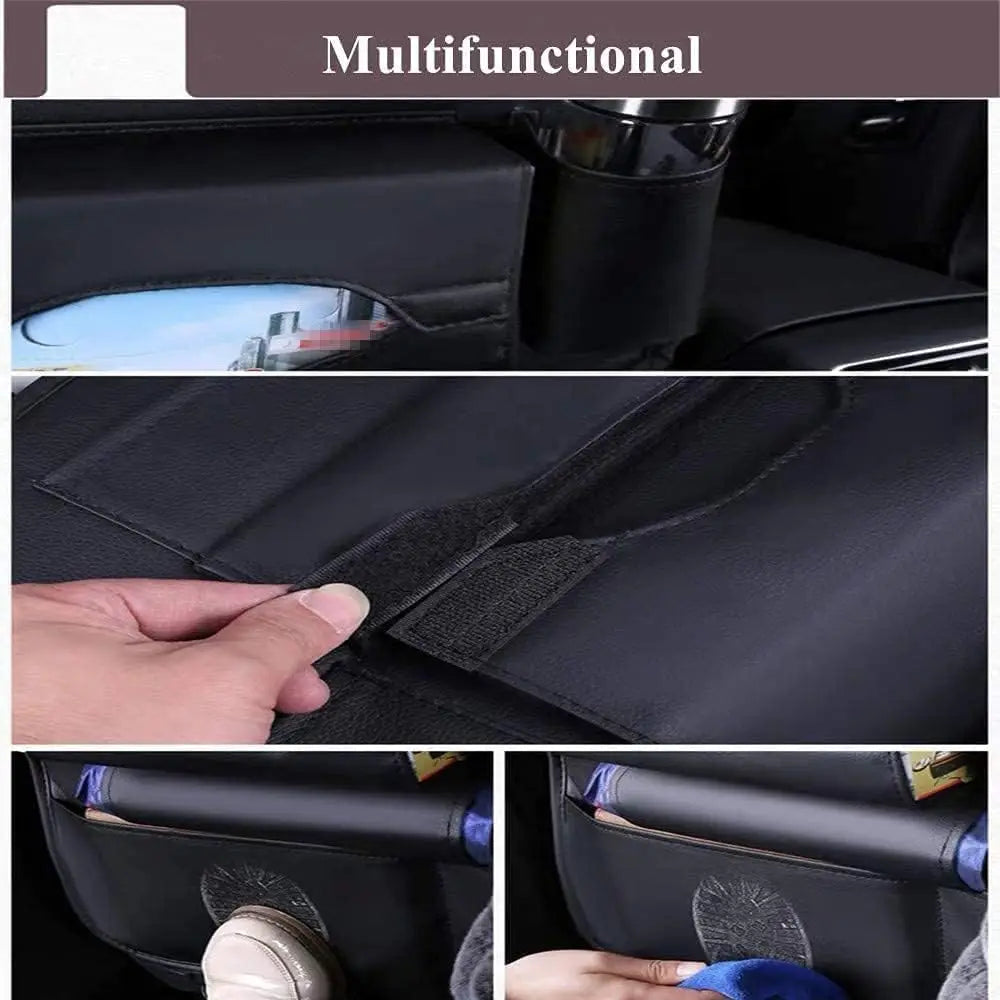 2 Pack Premium PU Leather Car Seat Back Organizer with Cup Holder and Kick Mats, Universal Fit for Travel Accessories