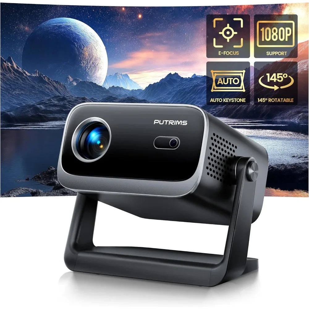 Mini Projector, Projector with WiFi and Bluetooth,PUTRIMS 1080P Support Portable Projector 145° Rotatable Electric Focus