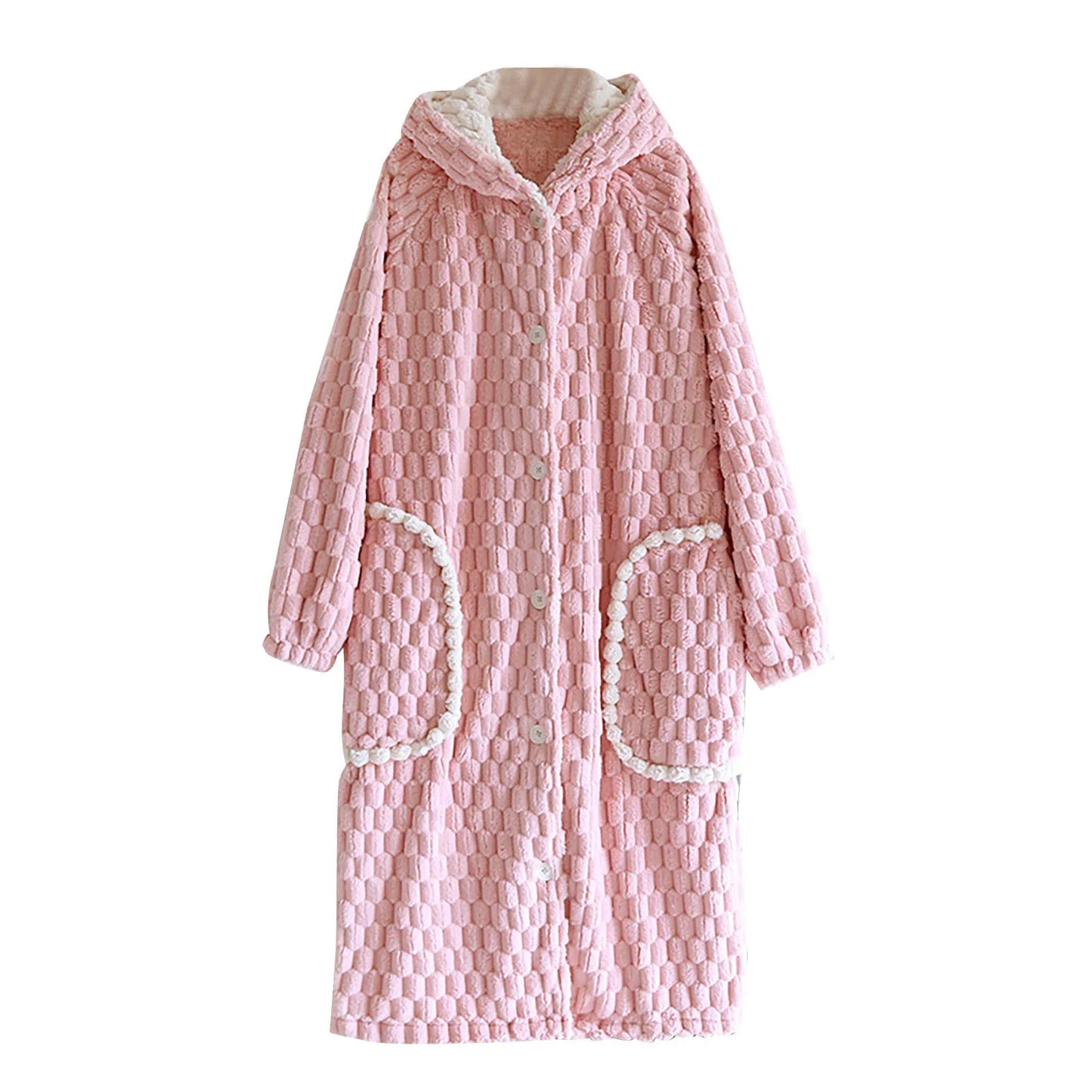 Women'S Loose Hooded Robe Nightgowns With Thick Plush Long Autumn Winter Coral Fleece Bathrobe With Big Pockets Woman Nightwear