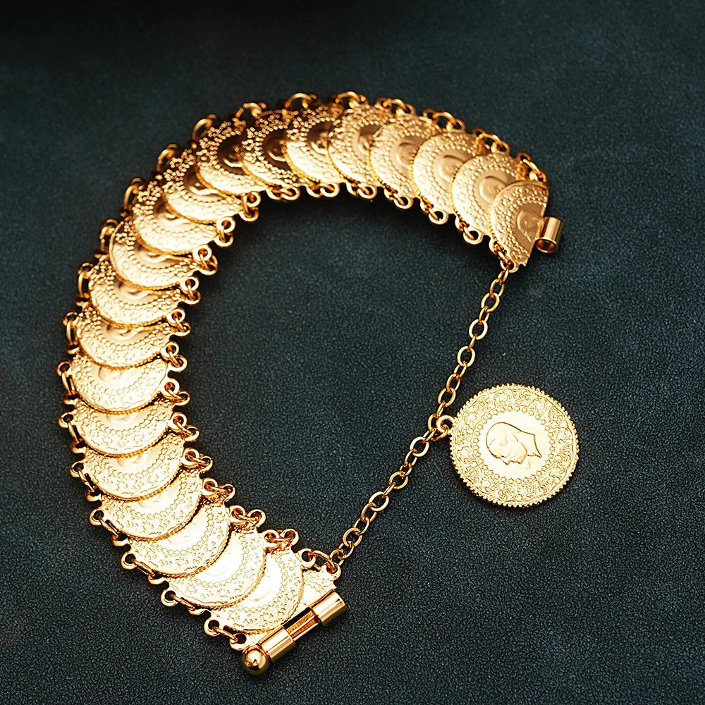 Luxury Gold Plated Ottoman Turkish Totem Chain Bracelet Coin Cuff Bangles for Bridal Ethnic Women's Jewelry Bijoux