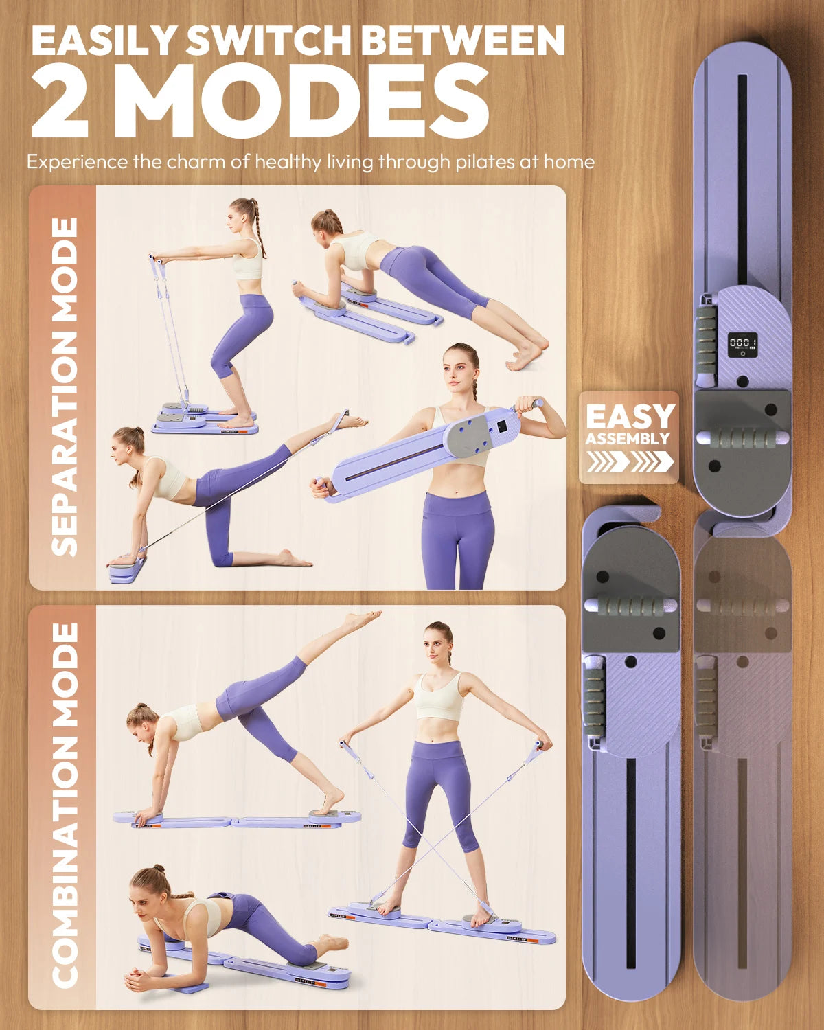 Pilates Board with Resistance Bands Portable Pilates Reformer Multi-functional Full Body Fitness Board for Women Home Workout