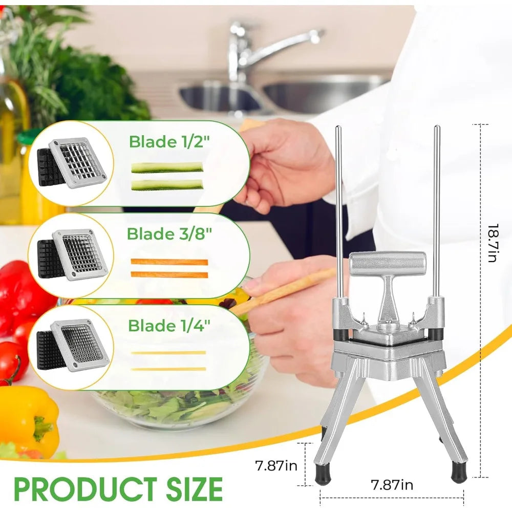 Stainless Steel Vegetable Chopper & French Fry Cutter with 3 Blade Sizes - Perfect for Home Kitchen or Restaurant Use