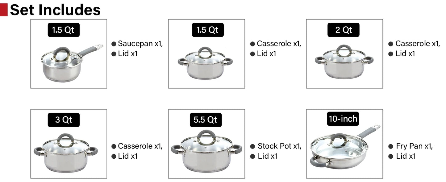 Kitchen Cookware Sets, 12-Piece Basic Stainless Steel Pots and Pans, Silver