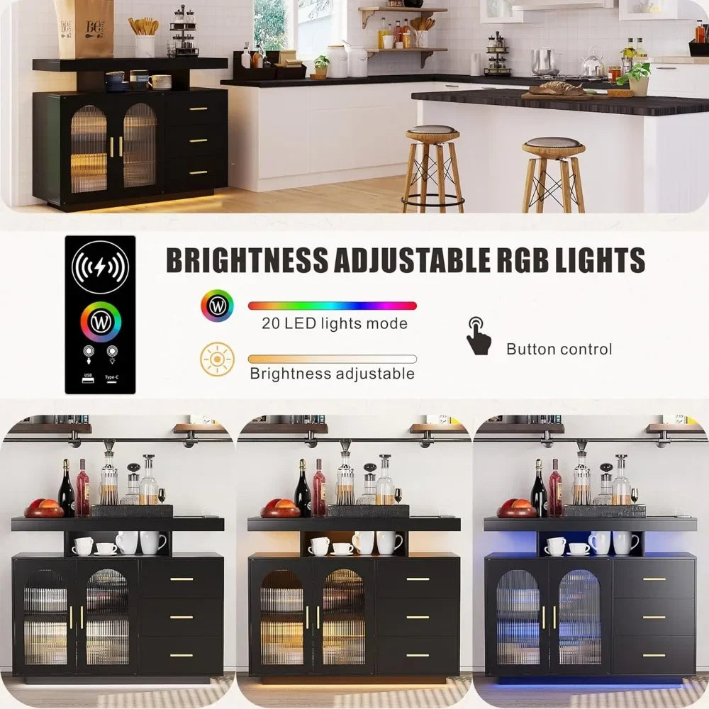 RGB LED Coffee Bar Cabinet Kitchen Storage Cabinet & Sideboard Buffet Cabinets for Dinning Room，Kitchen(Black)，Kitchen Cabinets