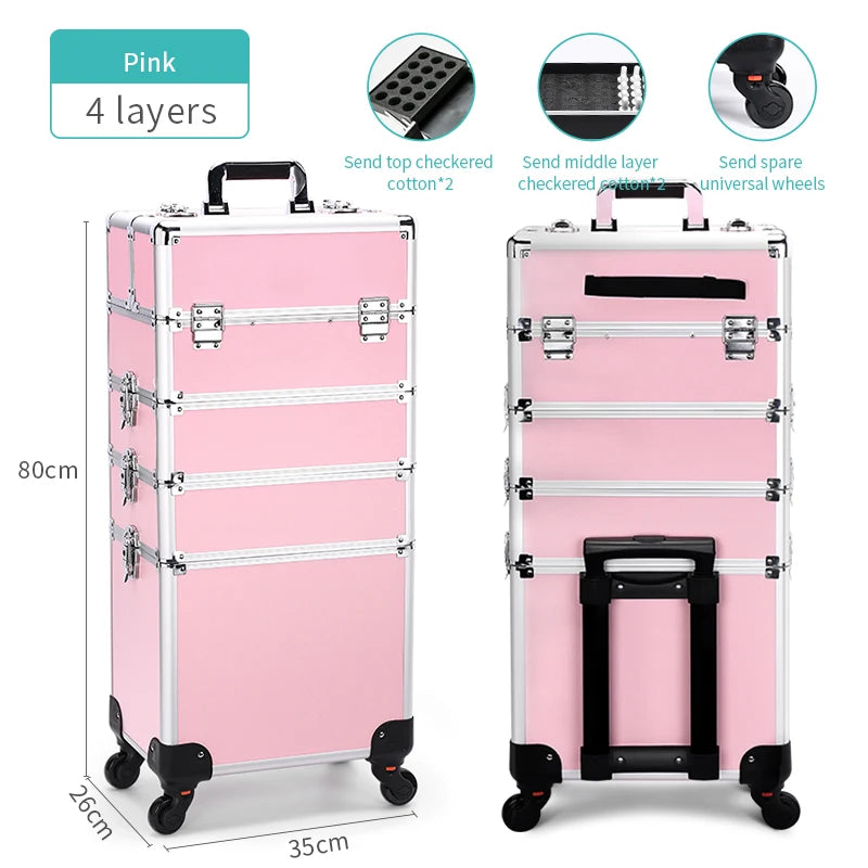 4 in 1 Professional Makeup Train Case Aluminum Rolling Cosmetic Case On Wheels Artist Makeup Organizer Storage with Trays
