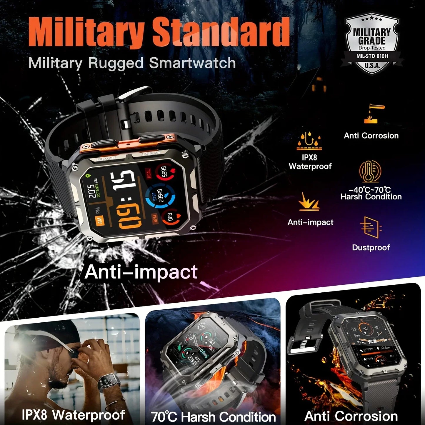 Rugged 1.83" Smart watch (Call Receive/Dial) IPX8 for Android iPhone Compatible, Fitness Tracker for Outdoor Sport