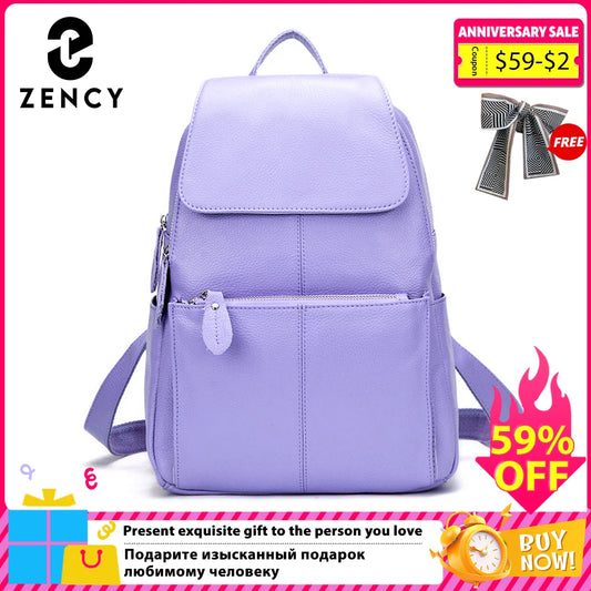 Zency Stylish White Black Genuine Leather Women Backpack A++ Quality Anti-theft Large Capacity Knapsack Travel Designer Rucksack