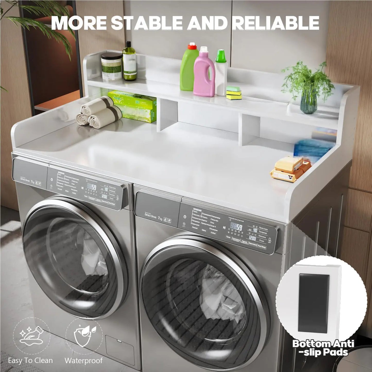 Washer Dryer Laundry Countertop With 2-Tier Storage Shelf & Edge Rails, Laundry Over Washing Top Protector For Washer And Dryer