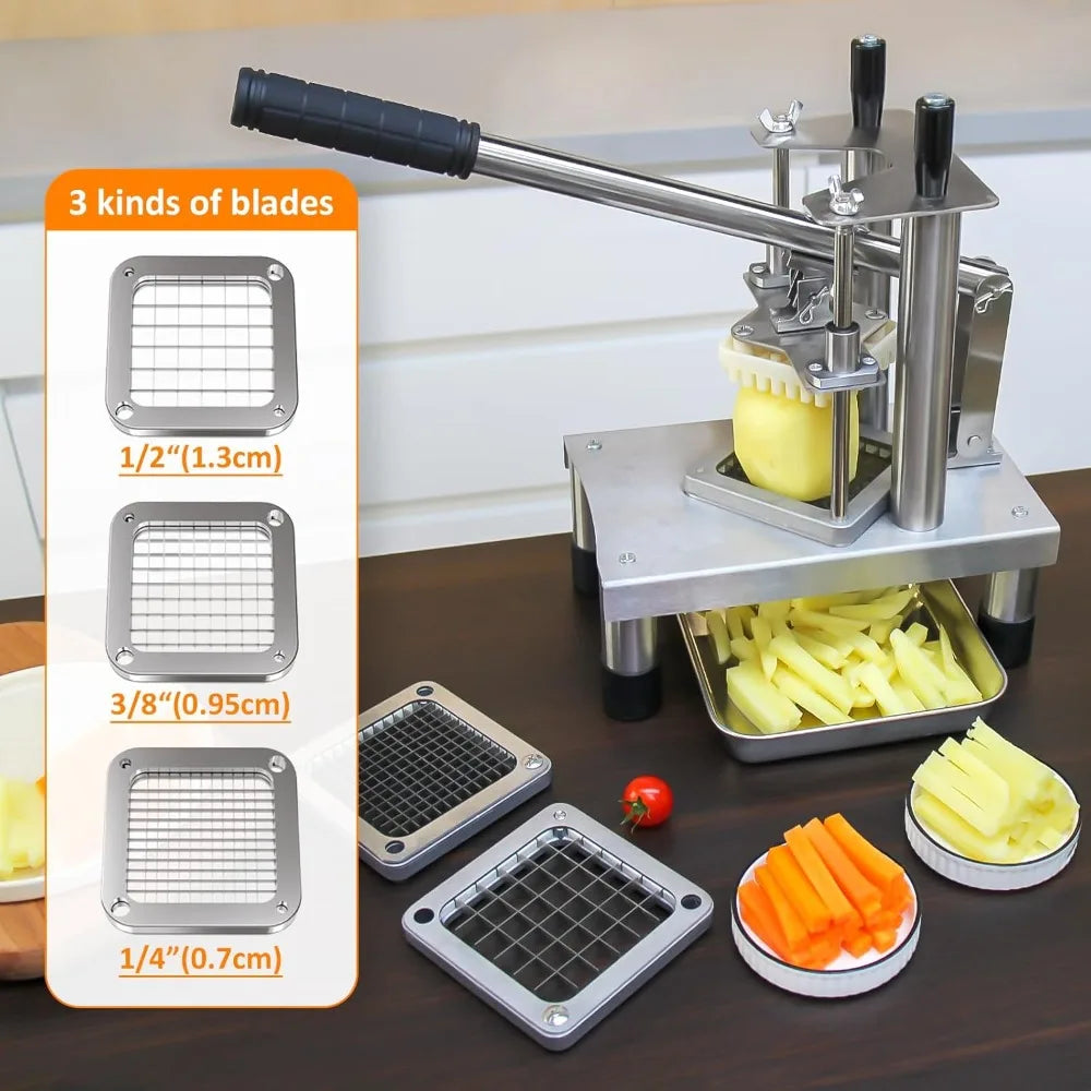 Commercial French Fry Cutter, Stainless Steel Vegetable Chopper with 3 Blades for Restaurant and Home Kitchen