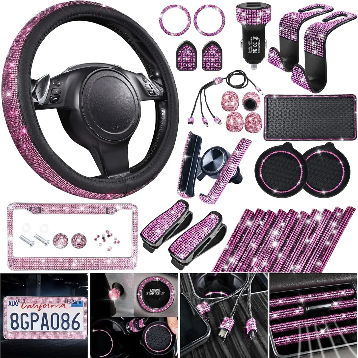 Pink Bling Car Accessories Set: Steering Wheel Cover, License Plate Frame, Phone Holder & Decorations for Women