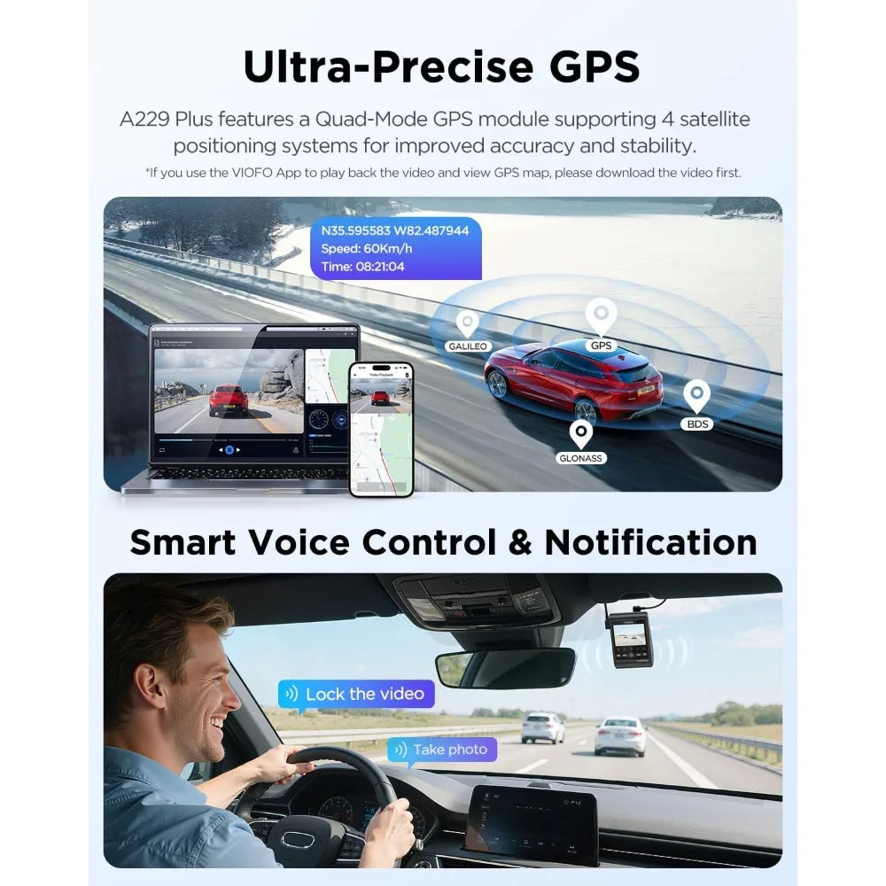 Front and Rear Dash Cam Dual Channel HDR 1440P 5GHz WiFi Voice Control Ultra Precise GPS Car Camera