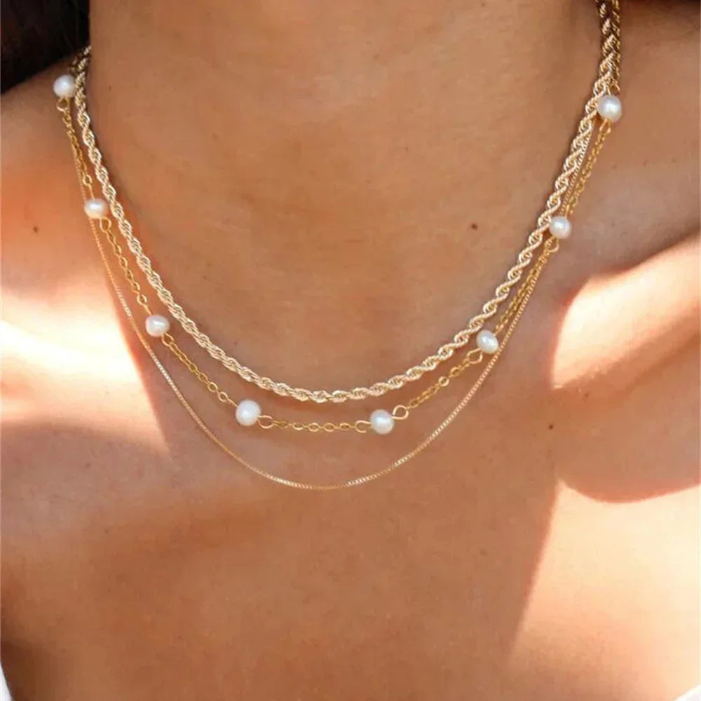 Vintage Silver-plate Geometric Exaggerated CCB Chain Necklace For Women Female Fashion Boho Artificial Pearl Y2K Jewelry Gift