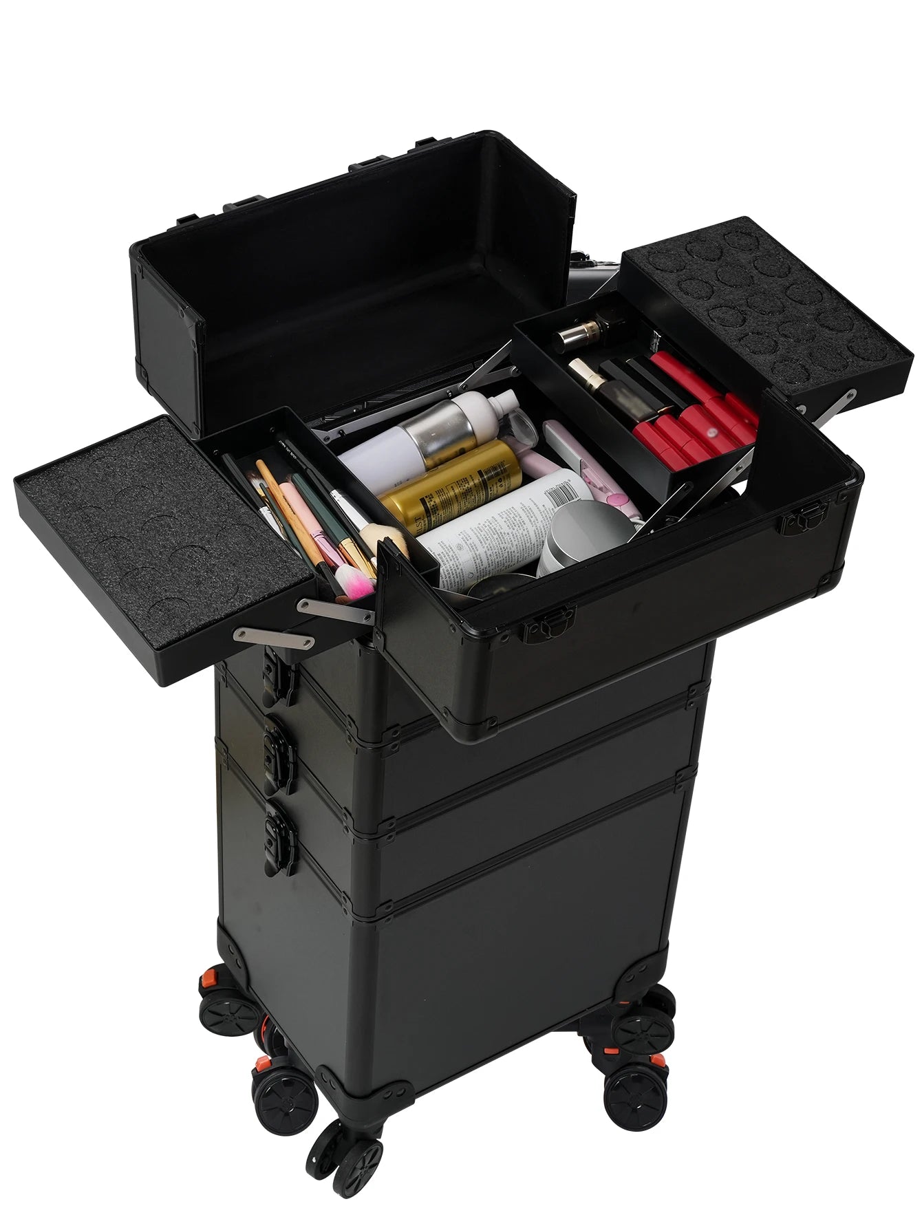 4 in 1 Professional Makeup Train Case Aluminum Rolling Cosmetic Case On Wheels Artist Makeup Organizer Storage with Trays