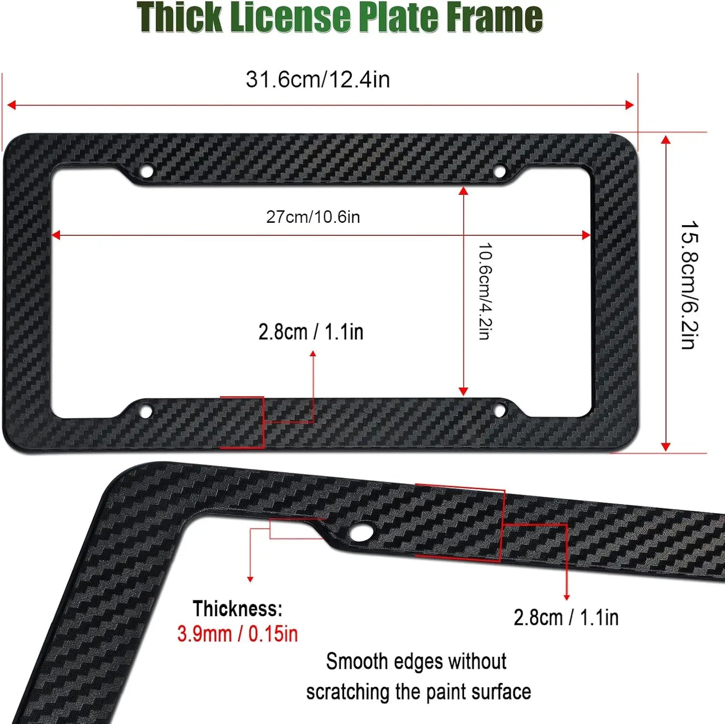 Carbon Fiber License Plate Frames - Black Pattern Plastic Front & Rear Car Tag Holder Cover 2 Pack with Mount Hardware