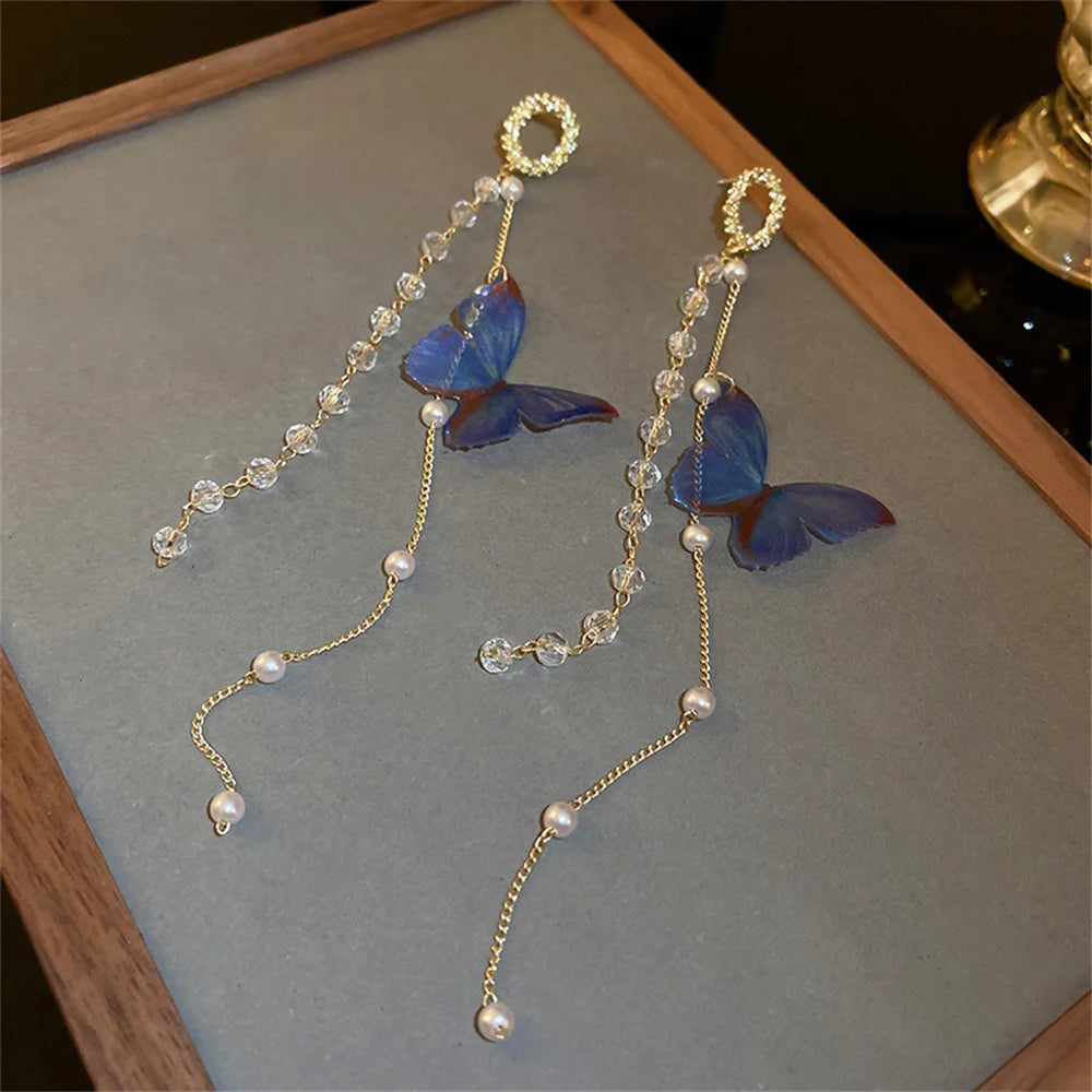New Luxury Women Zircon Crystal Pearls Long Tassel Butterfly Earrings Stud Dangle Jewelry Gifts