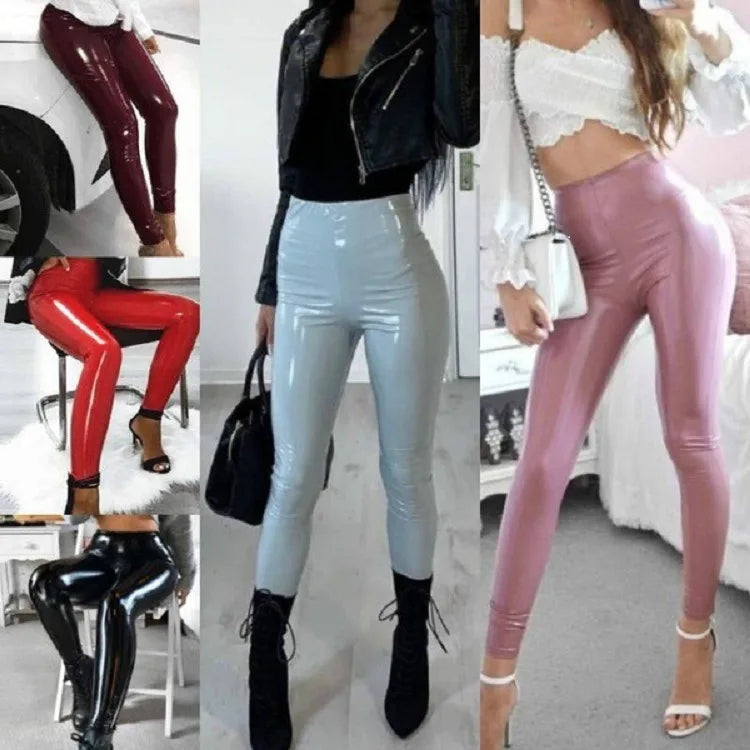 Pants women 2025 casual Spring summer patent leather mid-waist thin tight pink stylish commuting trousers PU leather tight pants