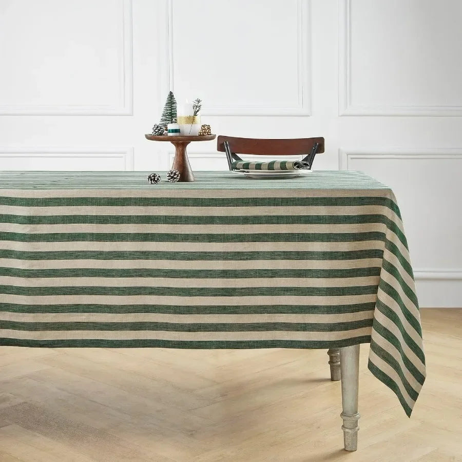 Linen Tablecloth 60 x 90 Inch - Sorrento Stripe 100% Pure Linen Hunter Green and Natural Table Cloth for Rectangle Tables - Mach